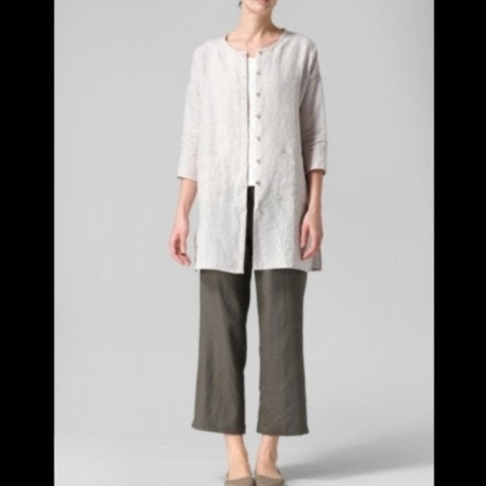 EILEEN FISHER slub stripe linen collarless jacket S